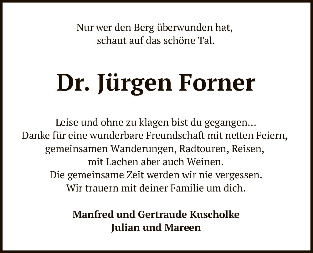  Traueranzeige für Jürgen Forner vom 31.01.2026 aus SYKS