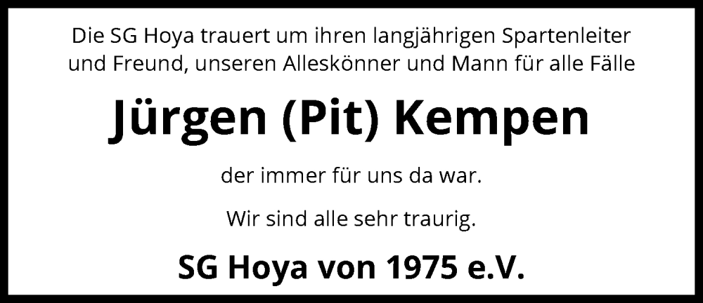  Traueranzeige für Jürgen Kempen vom 10.01.2026 aus SYKS