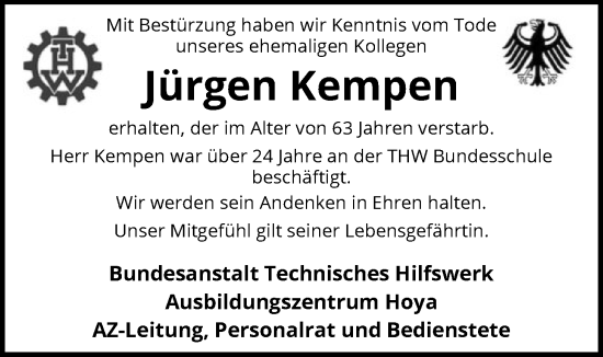 Traueranzeige von Jürgen Kempen von SYKS