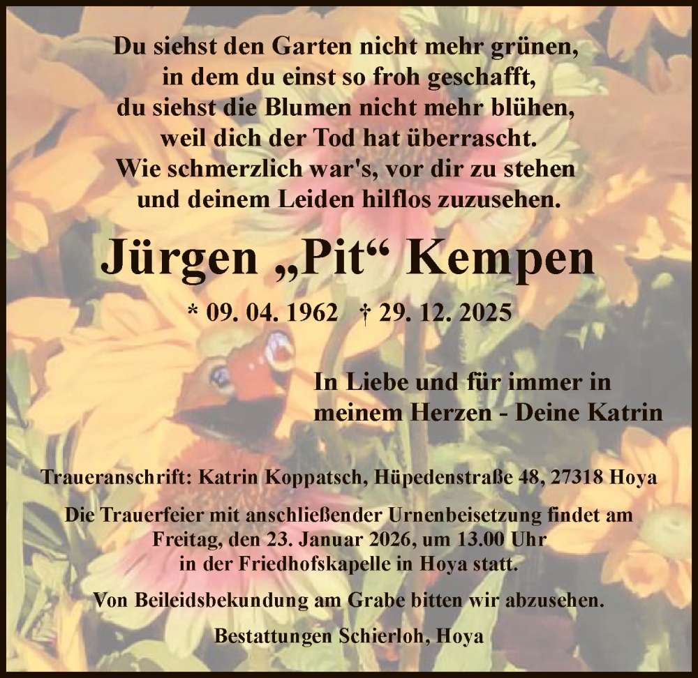  Traueranzeige für Jürgen Kempen vom 10.01.2026 aus SYKS