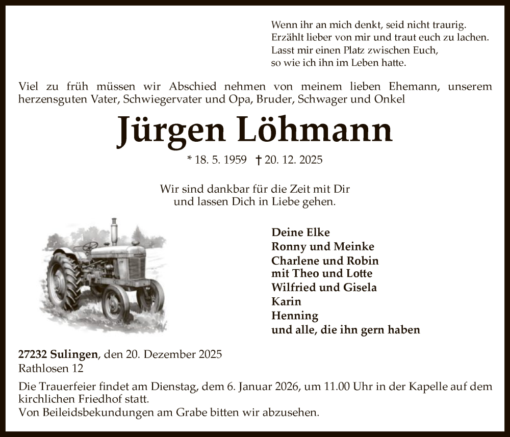  Traueranzeige für Jürgen Löhmann vom 03.01.2026 aus SYKS