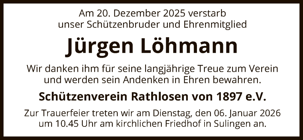  Traueranzeige für Jürgen Löhmann vom 03.01.2026 aus SYKS