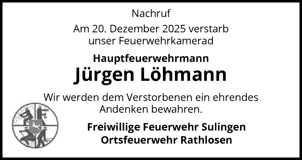  Traueranzeige für Jürgen Löhmann vom 06.01.2026 aus SYKS
