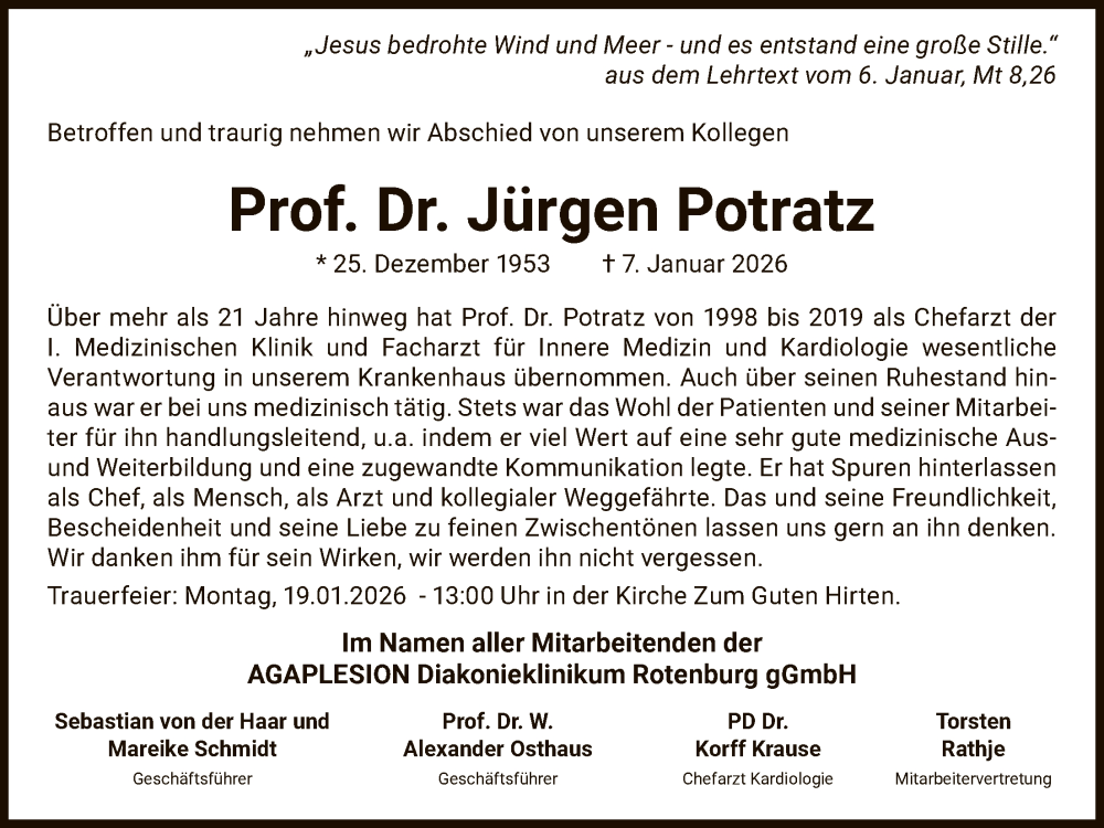  Traueranzeige für Jürgen Potratz vom 17.01.2026 aus SYKR