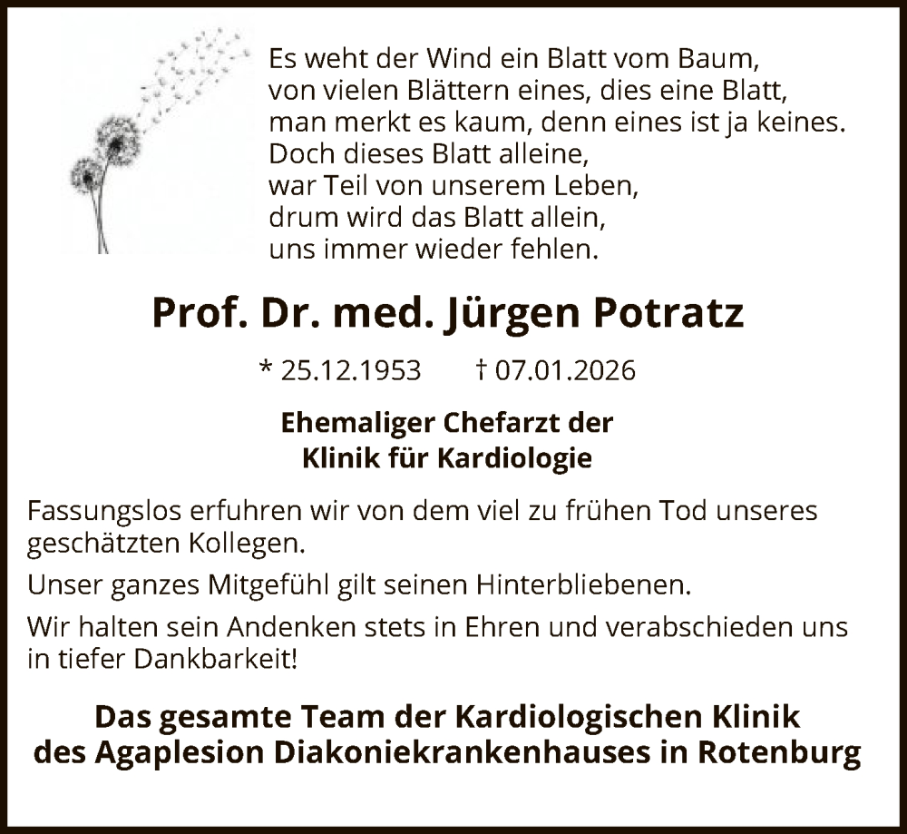 Traueranzeige für Jürgen Potratz vom 17.01.2026 aus SYKR