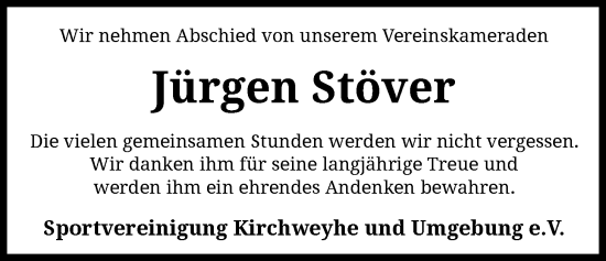 Traueranzeige von Jürgen Stöver von SYKS