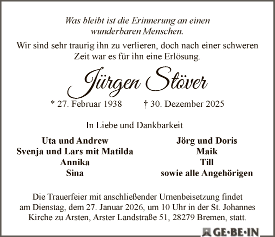 Traueranzeige von Jürgen Stöver von SYKS