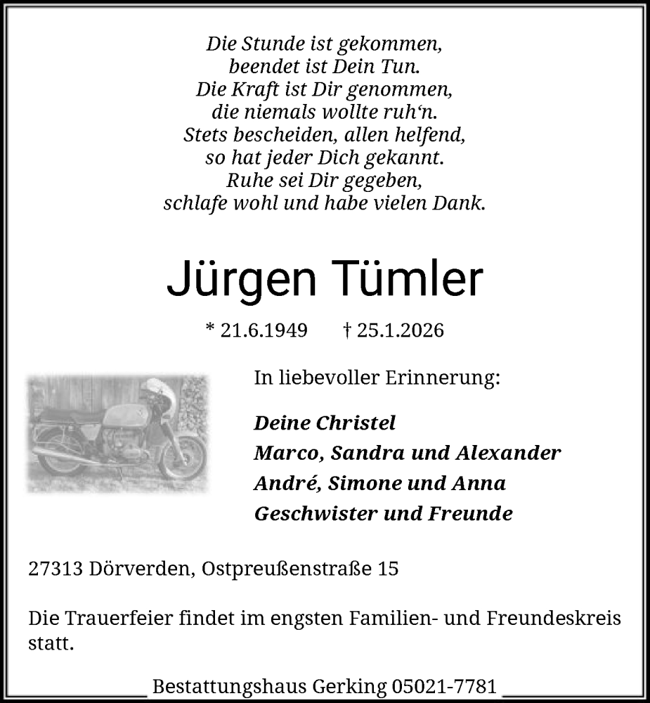  Traueranzeige für Jürgen Tümler vom 31.01.2026 aus SYKSSYKS