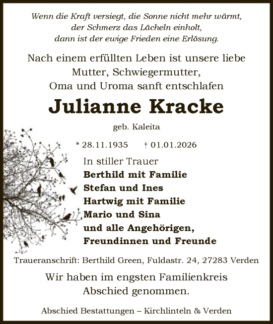 Traueranzeige von Julianne Kracke von SYKS