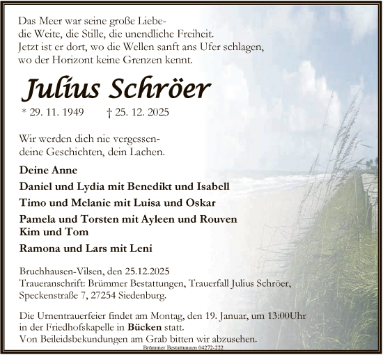 Traueranzeige von Julius Schröer von SYKS