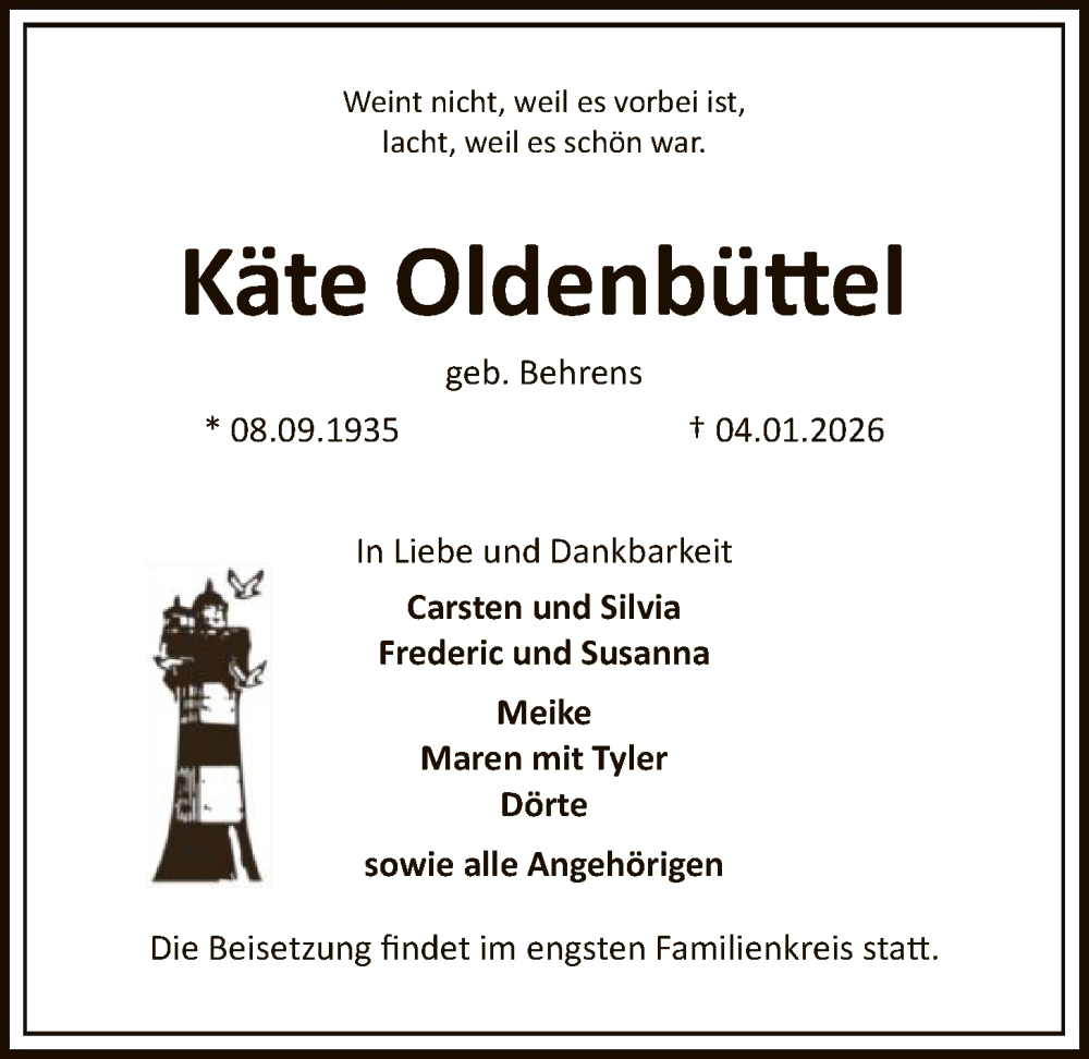  Traueranzeige für Käte Oldenbüttel vom 10.01.2026 aus SYKS