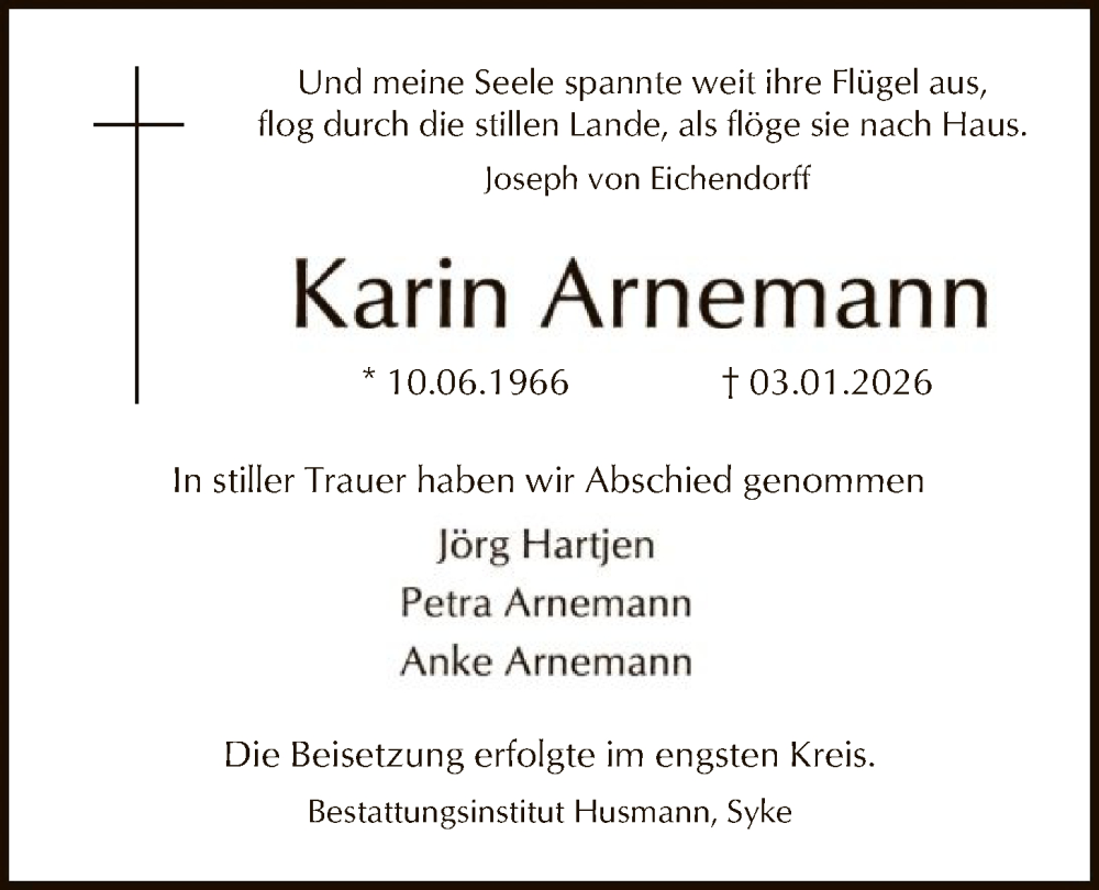  Traueranzeige für Karin Arnemann vom 31.01.2026 aus SYKS