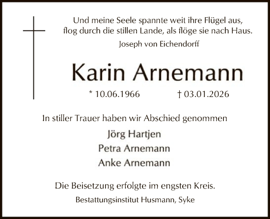 Traueranzeige von Karin Arnemann von SYKS