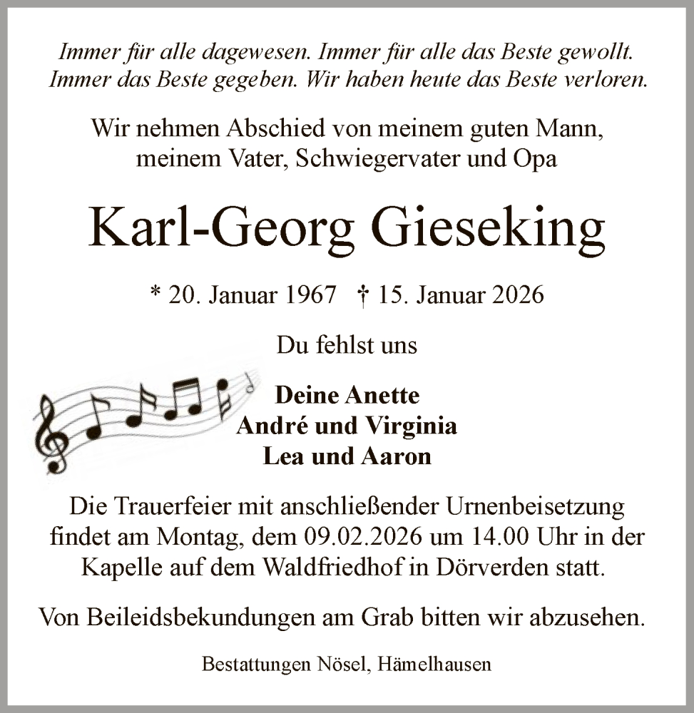  Traueranzeige für Karl-Georg Gieseking vom 31.01.2026 aus SYKS