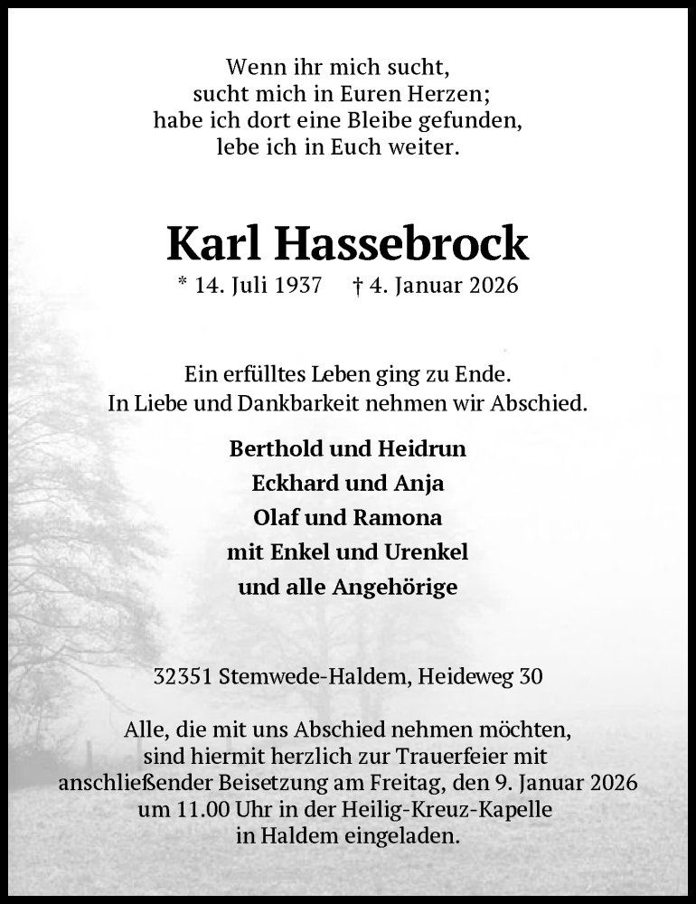  Traueranzeige für Karl Hassebrock vom 07.01.2026 aus SYKS