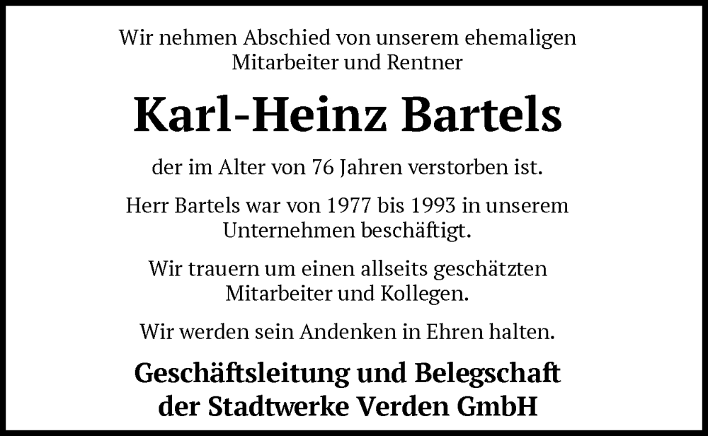  Traueranzeige für Karl-Heinz Bartels vom 17.01.2026 aus SYKS