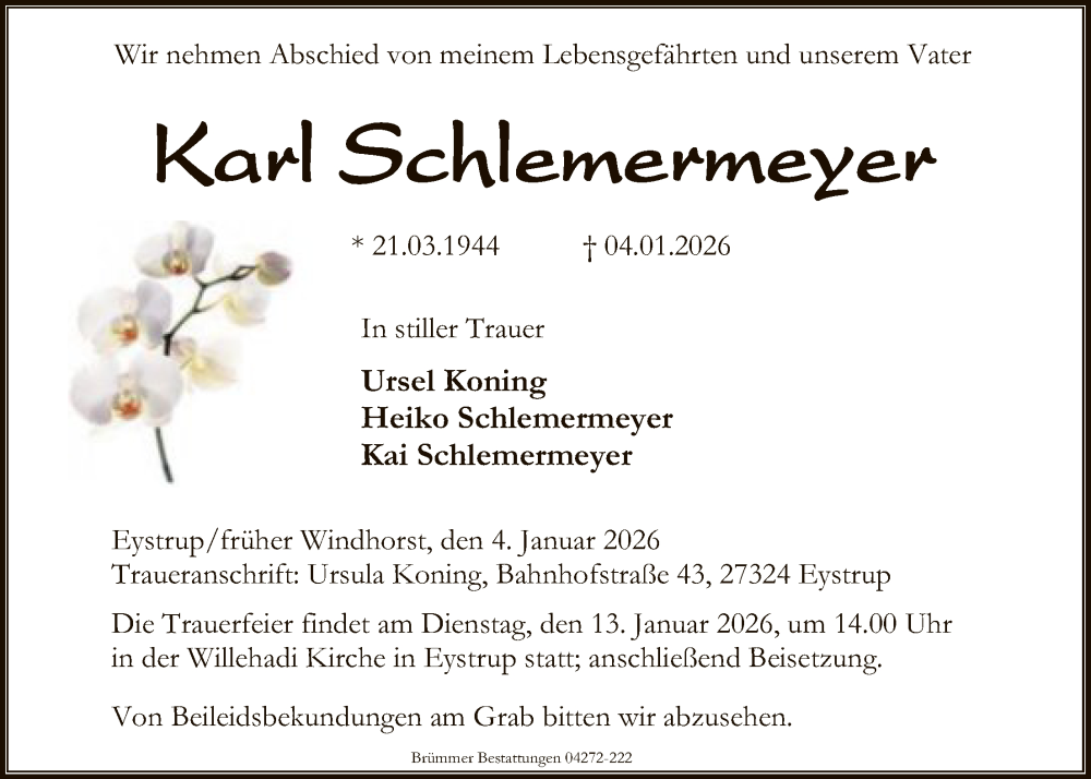  Traueranzeige für Karl Schlemermeyer vom 10.01.2026 aus SYKS