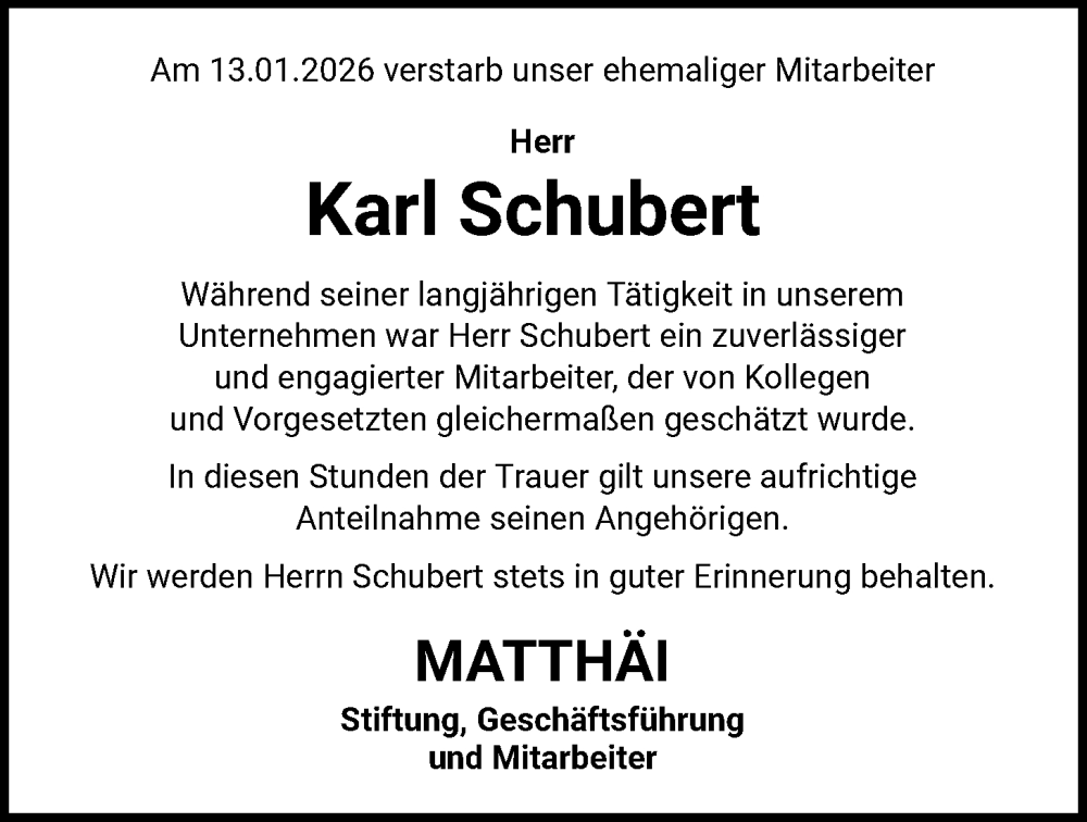  Traueranzeige für Karl Schubert vom 24.01.2026 aus SYKS