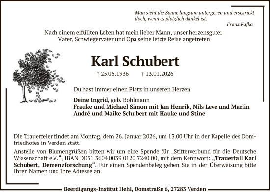Traueranzeige von Karl Schubert von SYKS