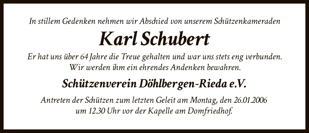  Traueranzeige für Karl Schubert vom 24.01.2026 aus SYKS
