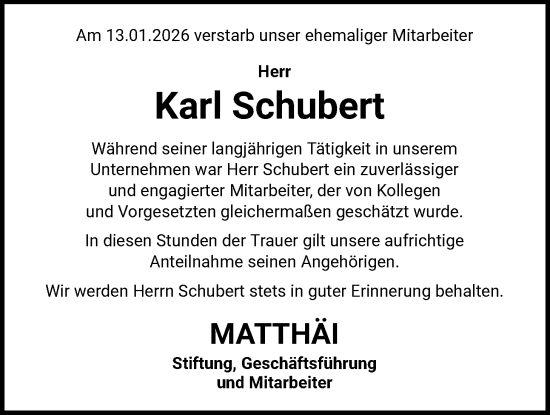 Traueranzeige von Karl Schubert von SYKS