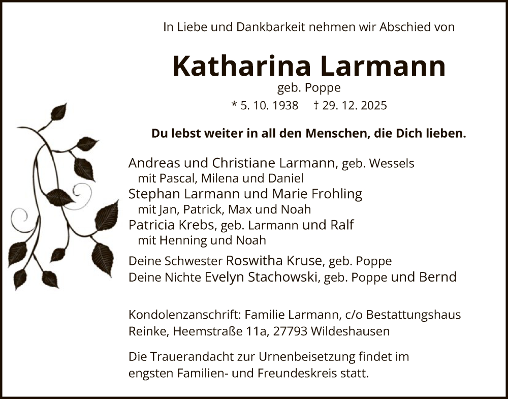  Traueranzeige für Katharina Larmann vom 17.01.2026 aus SYWZ