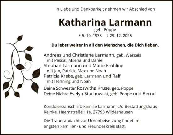 Traueranzeige von Katharina Larmann von SYWZ