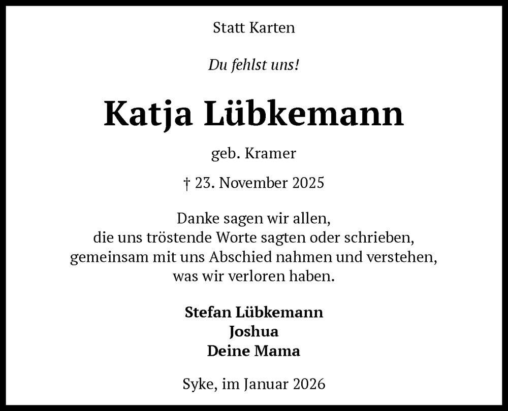  Traueranzeige für Katja  Lübkemann vom 10.01.2026 aus SYKS