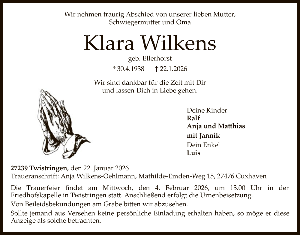  Traueranzeige für Klara Wilkens vom 29.01.2026 aus SYKS