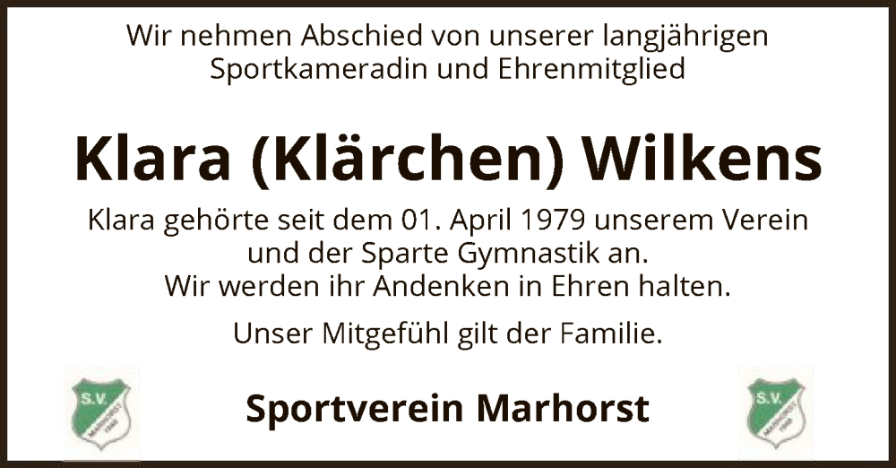 Traueranzeige für Klara Wilkens vom 29.01.2026 aus SYKS