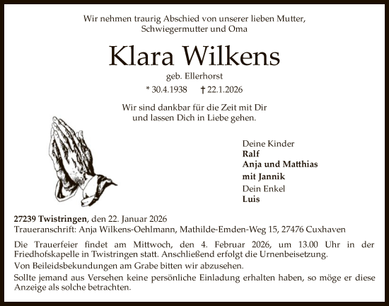 Traueranzeige von Klara Wilkens von SYKS