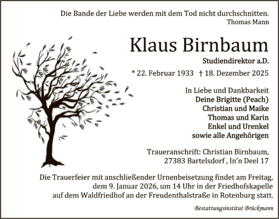 Traueranzeige von Klaus Birnbaum von SYKR