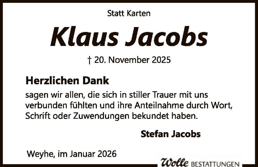  Traueranzeige für Klaus Jacobs vom 10.01.2026 aus SYKS