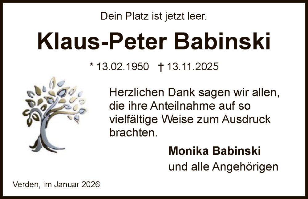  Traueranzeige für Klaus-Peter Babinski vom 10.01.2026 aus SYKS