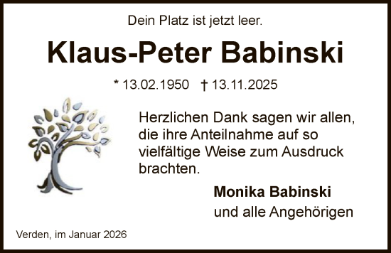 Traueranzeige von Klaus-Peter Babinski von SYKS