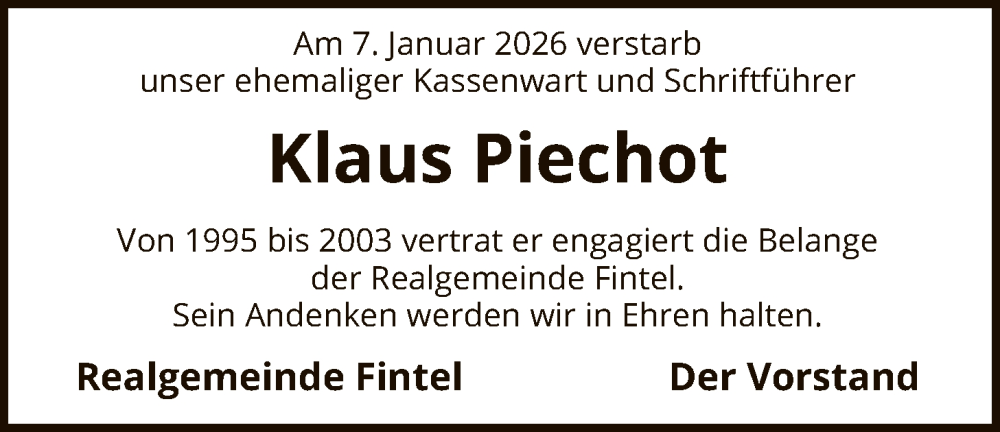  Traueranzeige für Klaus Piechot vom 24.01.2026 aus SYKR