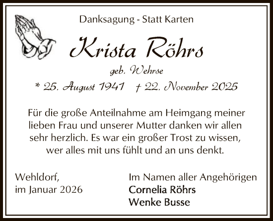 Traueranzeige von Krista Röhrs von SYKR