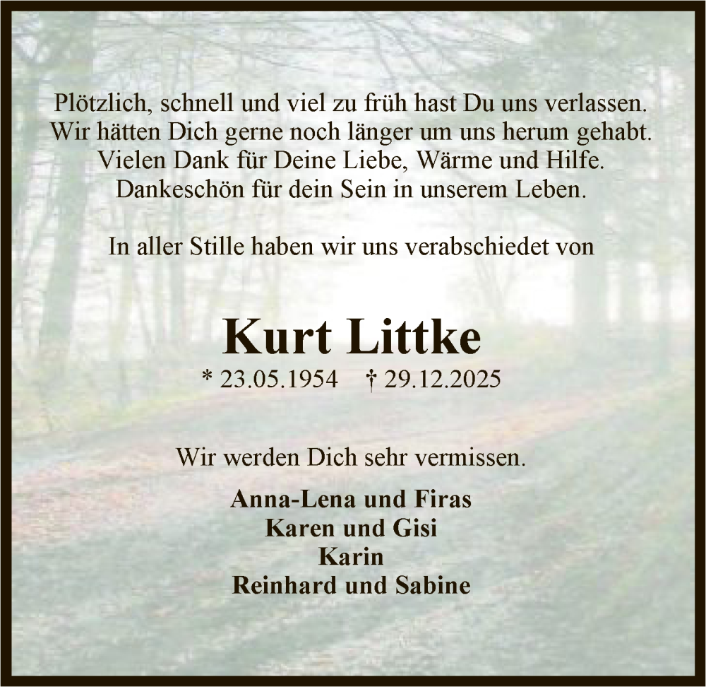  Traueranzeige für Kurt Littke vom 17.01.2026 aus SYKR