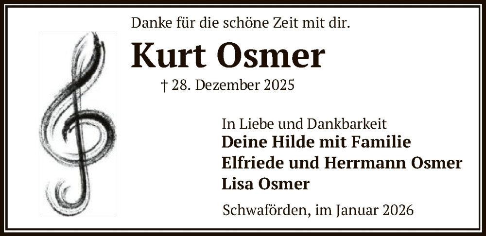  Traueranzeige für Kurt Osmer vom 17.01.2026 aus SYKS