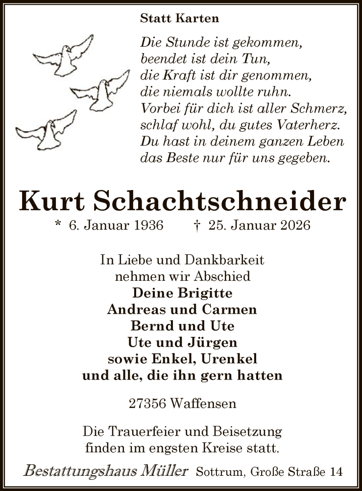  Traueranzeige für Kurt Schachtschneider vom 31.01.2026 aus SYKR