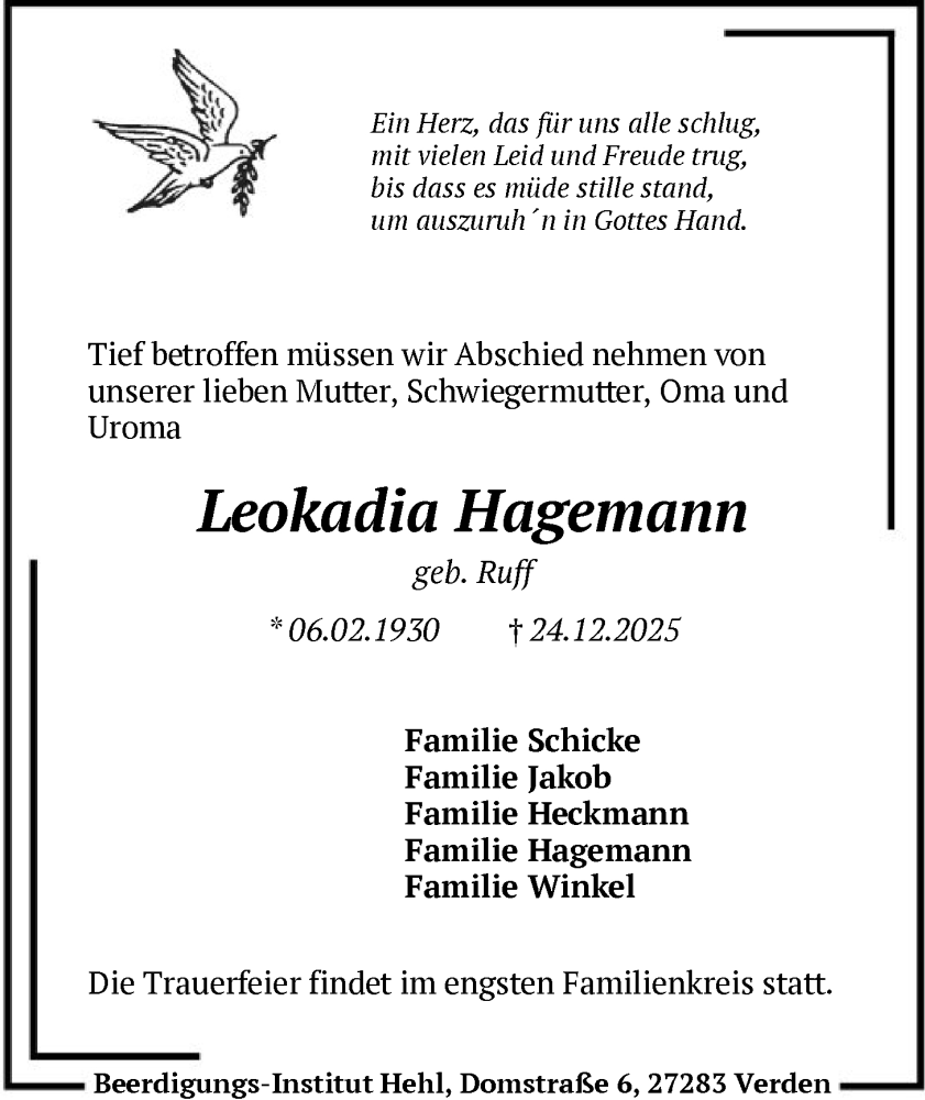  Traueranzeige für Leokadia Hagemann vom 24.01.2026 aus SYKS