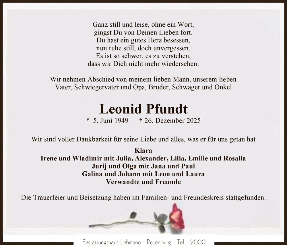 Traueranzeige für Leonid Pfundt vom 10.01.2026 aus SYKR