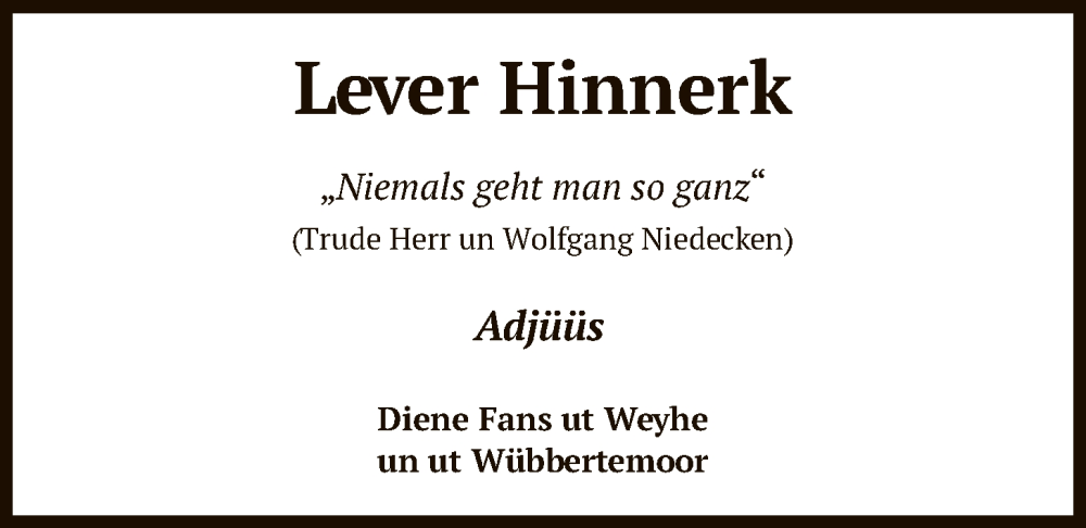  Traueranzeige für Lever Hinnerk vom 03.01.2026 aus SYKS