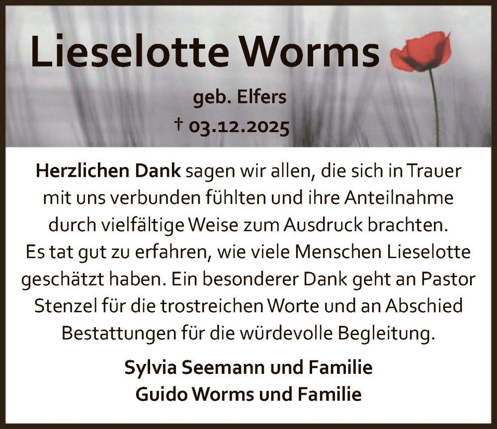  Traueranzeige für Lieselotte Worms vom 17.01.2026 aus SYKS