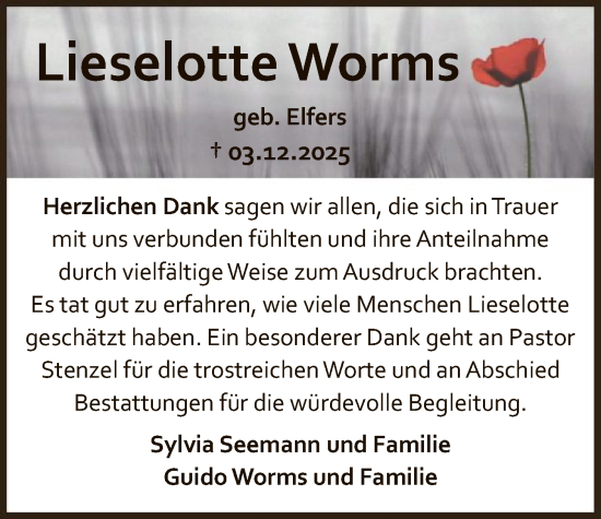 Traueranzeige von Lieselotte Worms von SYKS
