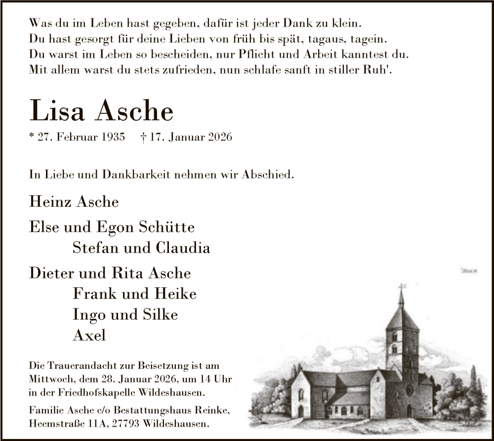  Traueranzeige für Lisa Asche vom 24.01.2026 aus SYWZ