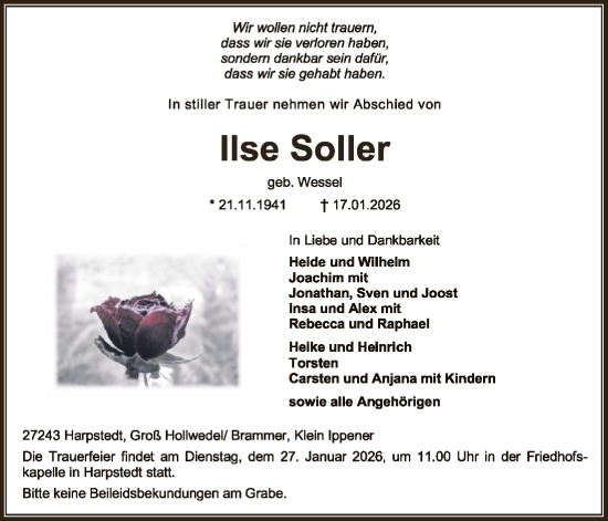 Traueranzeige von Lise Soller von SYKSSYWZ