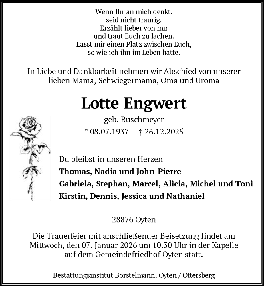  Traueranzeige für Lotte Engwert vom 03.01.2026 aus SYKS