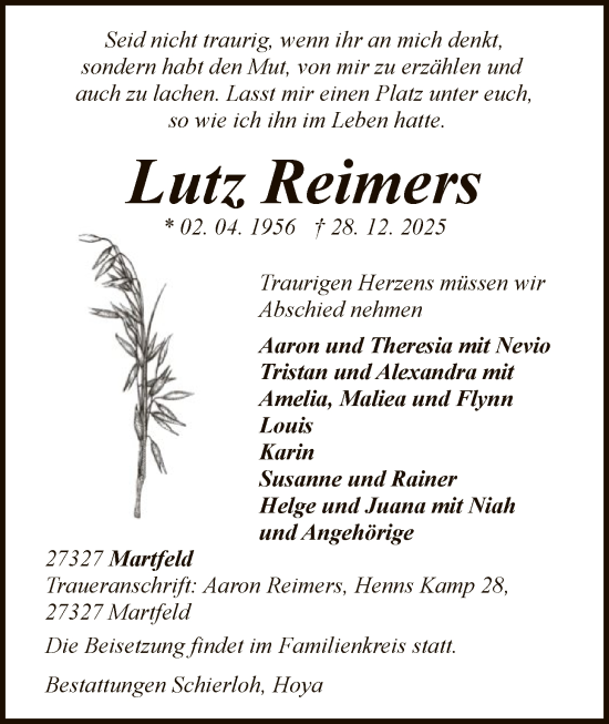 Traueranzeige von Lutz Reimers von SYKS