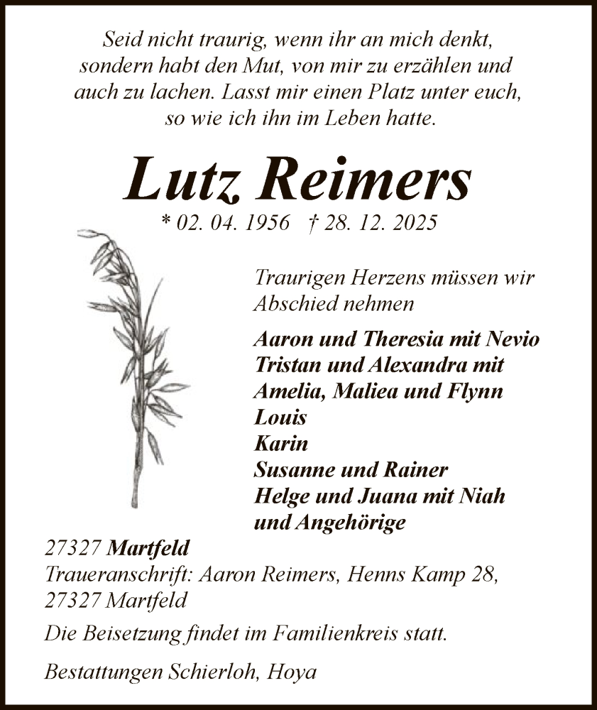  Traueranzeige für Lutz Reimers vom 03.01.2026 aus SYKS